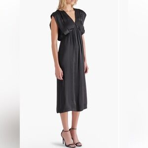 Steve Madden black silky satin v neck midi dress XS NEW short sleeve evening